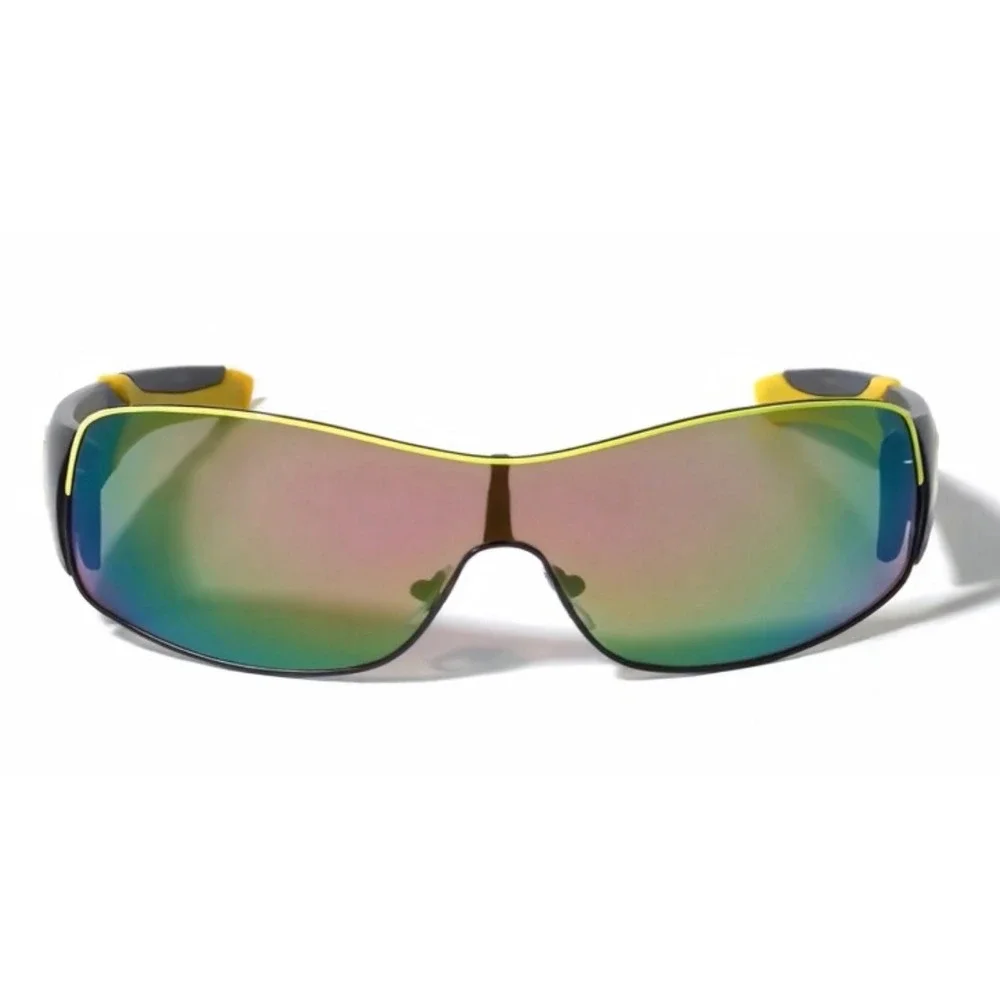 Men Black Yellow Wrap Sunglasses Green Mirror Shield Racing Sport Fishing Shades